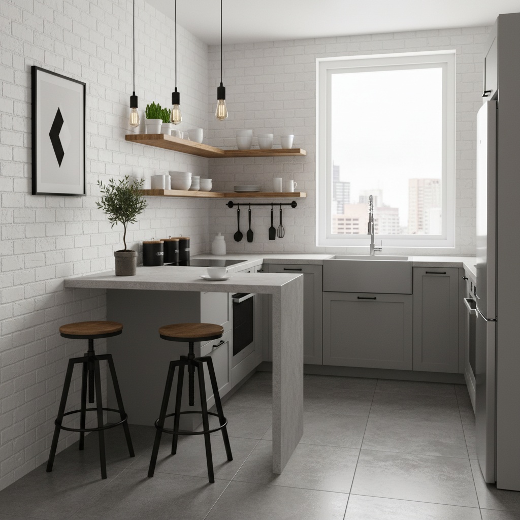 Cocina pequeña minimalista con barra y taburetes industriales