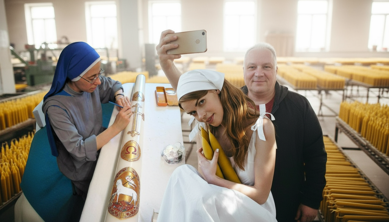 Nun and couple taking selfie in candle workshop