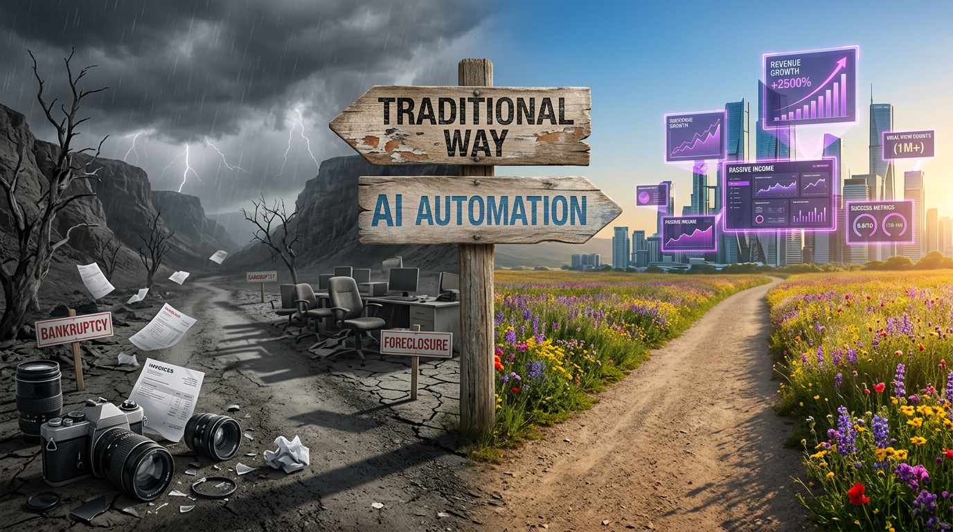 Photorealistic dramatic fork in road showing left path with rejected affiliate applications and burned ad invoices leading to darkness versus right path with automated commission dashboards leading to bright financial freedom