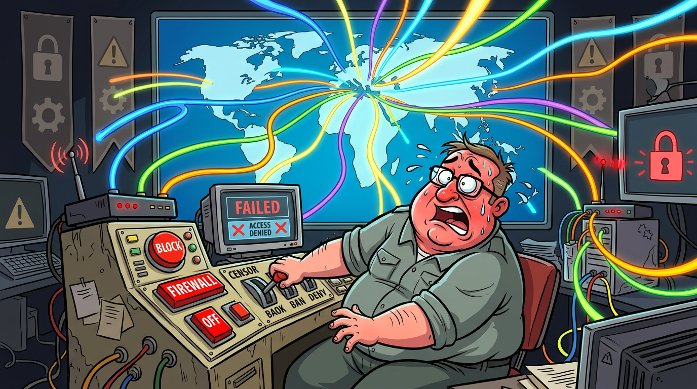 Мультяшный сотрудник пытается заблокировать интернет, но у него не получается