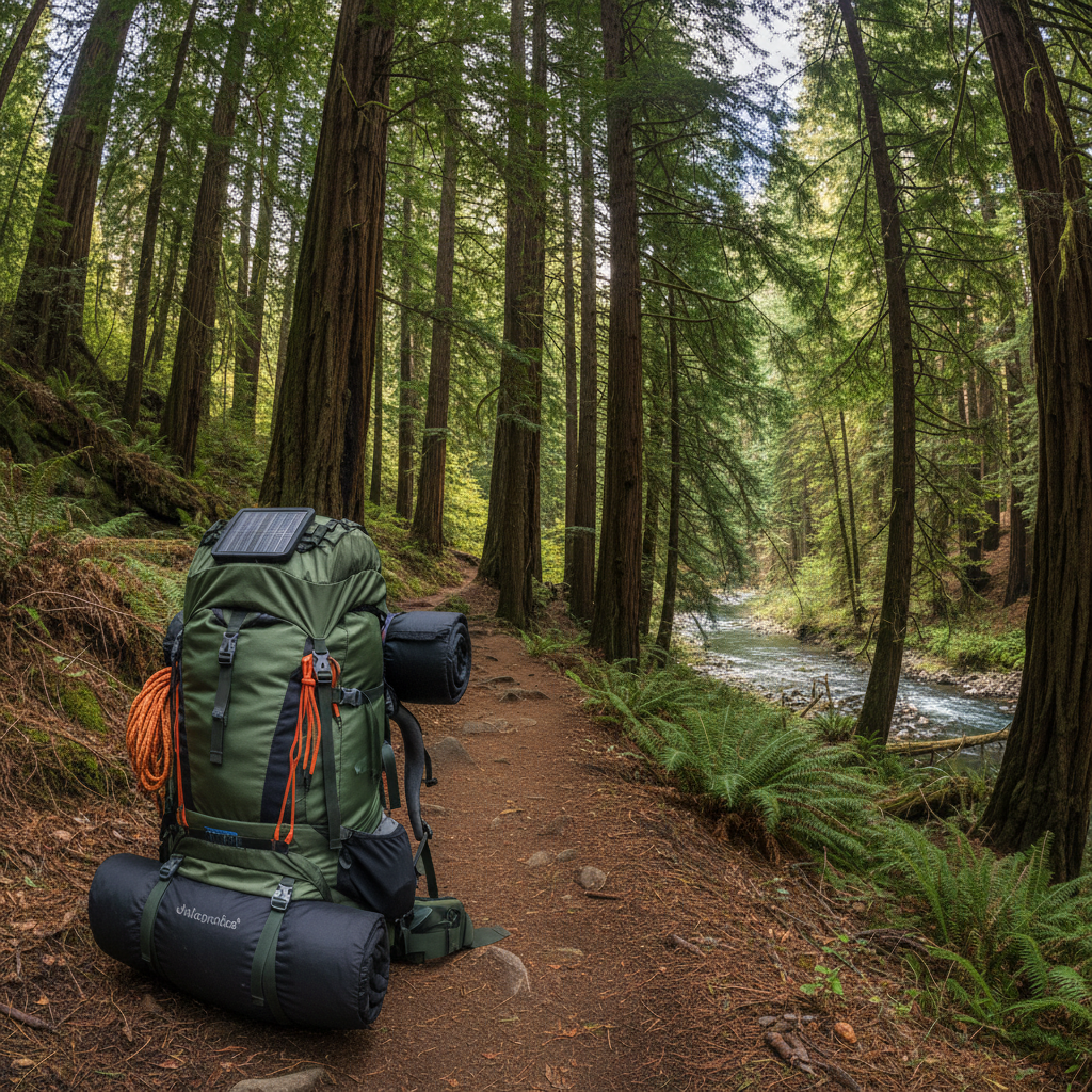 Hiking backpack in natural forest environment - adventure ready gear