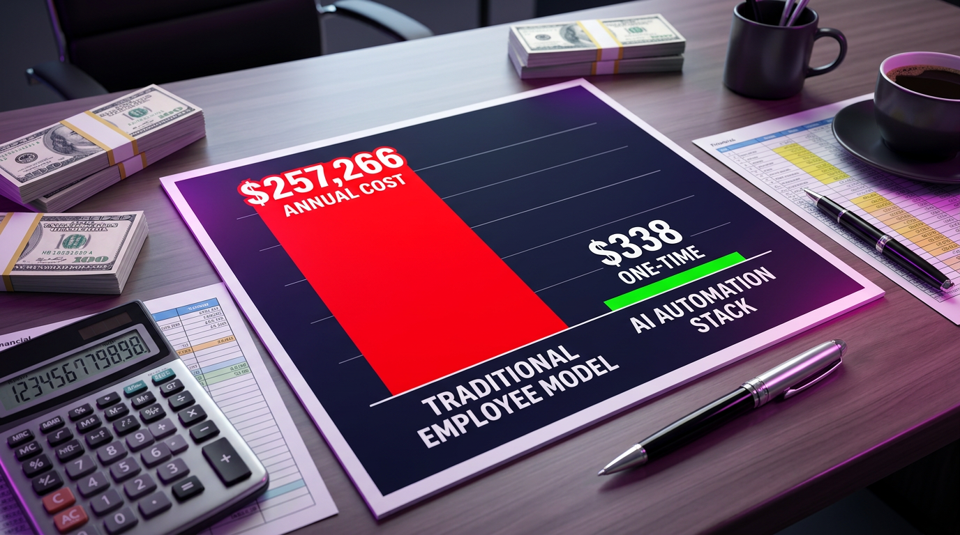 Photorealistic financial comparison chart showing massive red bar at $50,388 for traditional affiliate method versus tiny green bar at $64 for invisible clone system, dramatic savings visualization