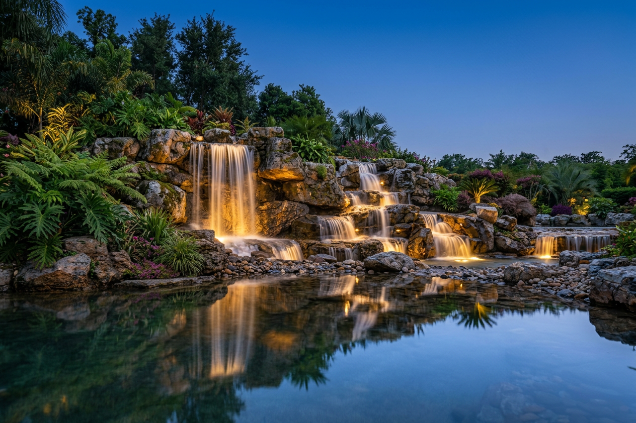 Luxury pondless waterfall at dusk