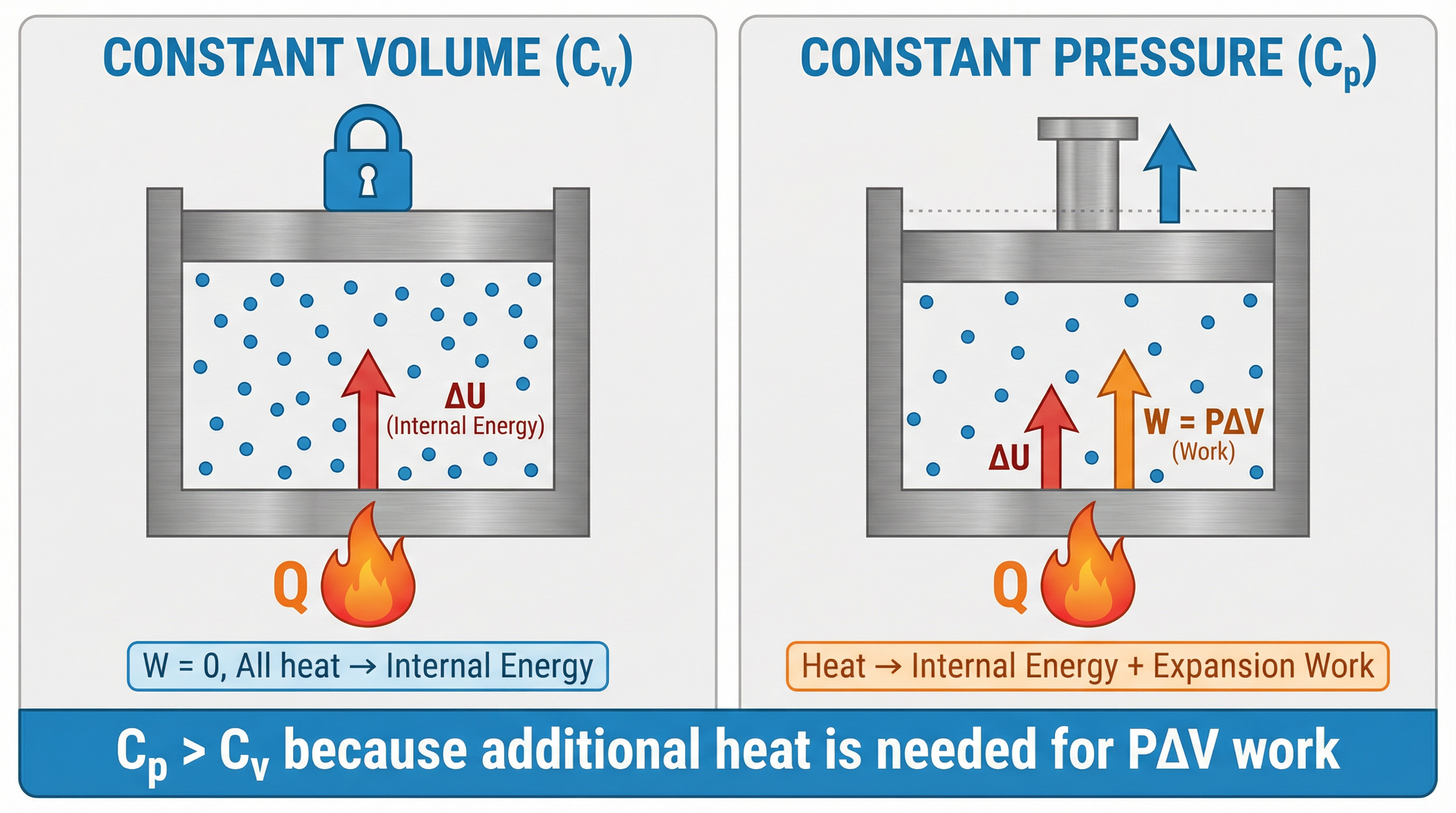 Piston-cylinder diagram comparing constant volume and constant pressure heating