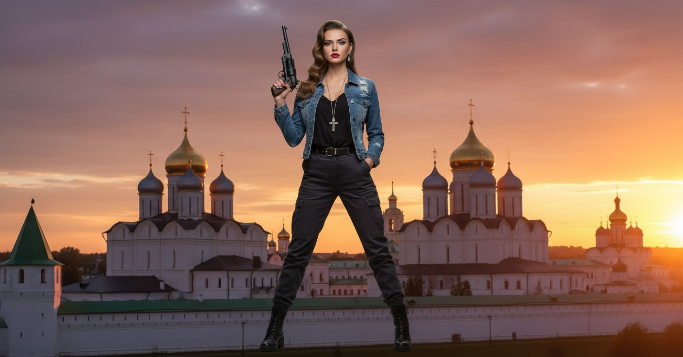 Девушка в Сергиевом Посаде на фоне Лавры, стиль городской, закат, Маузер форма №40, цепочка с крестиком