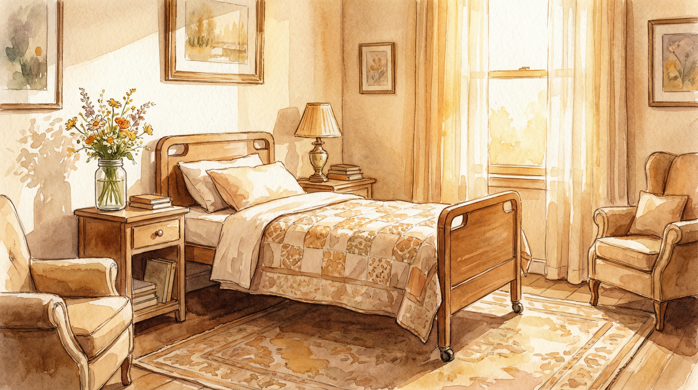 Peaceful sunlit bedroom with a hospital bed surrounded by soft natural light and fresh flowers