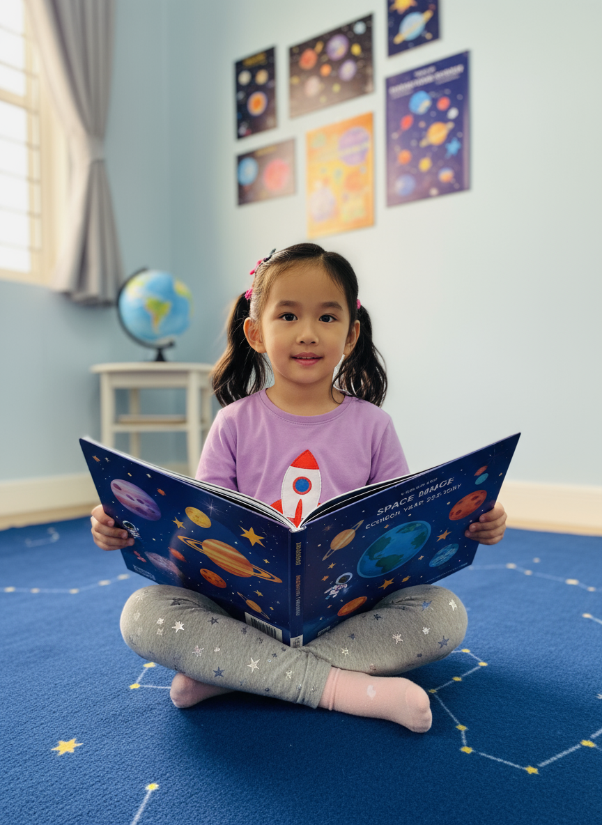 Tu Anh reading a cosmic book with planets and stars