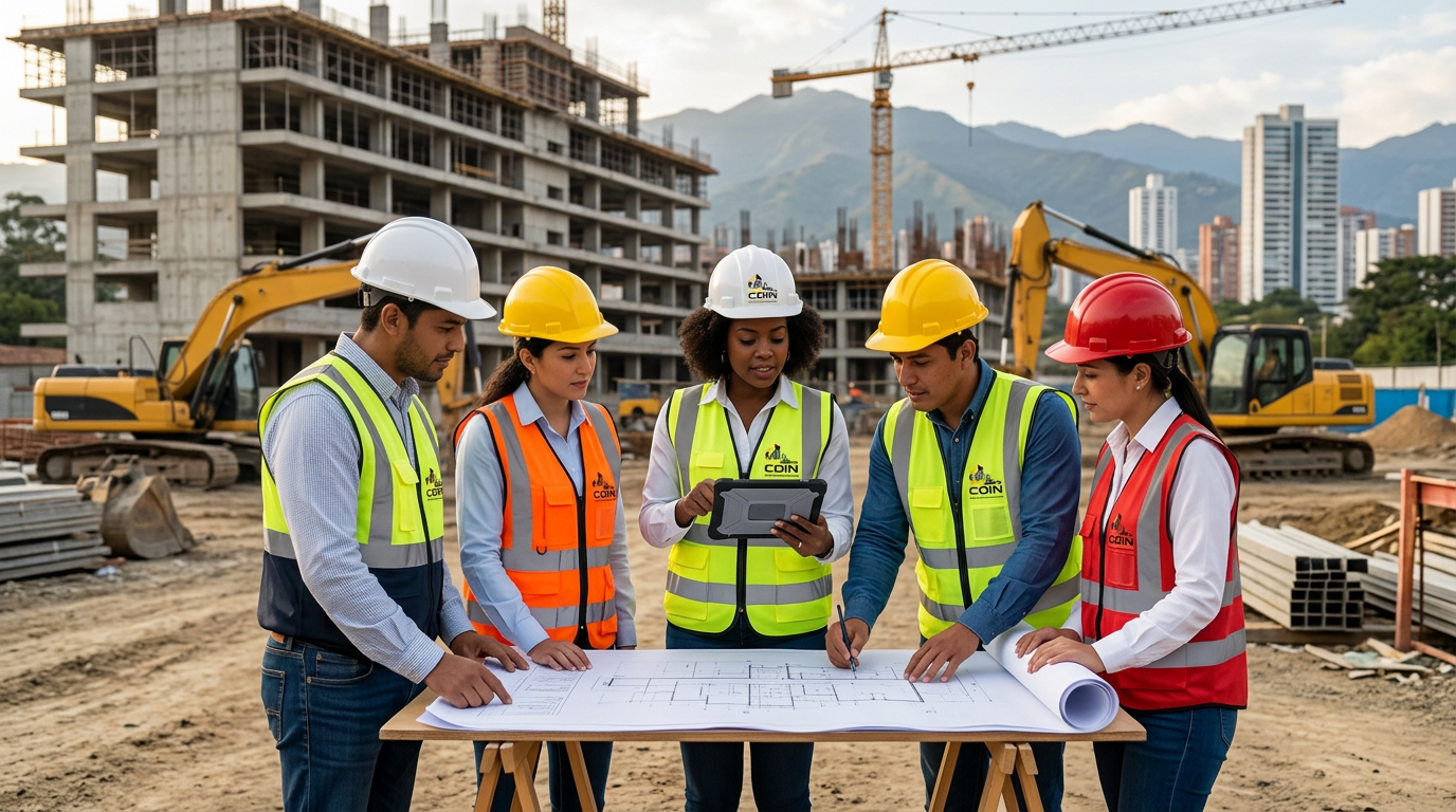 Equipo de ingenieros COIN revisando planos en obra