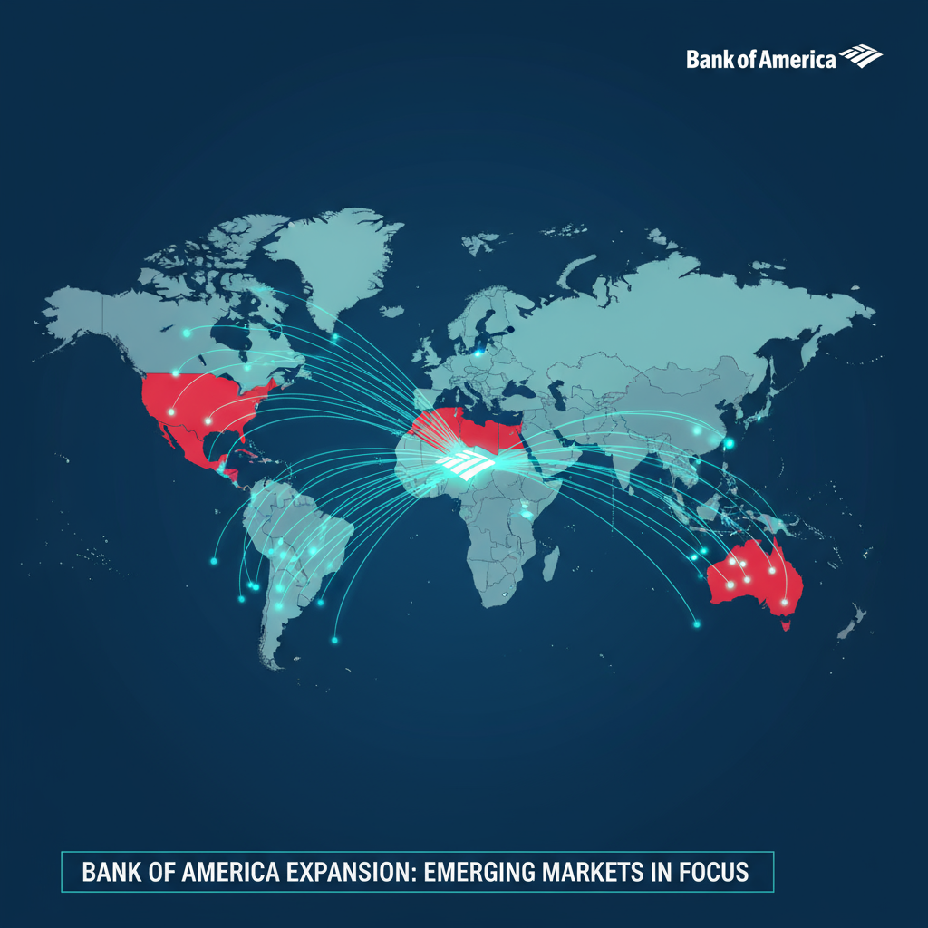Emerging markets map highlighting regions for Bank of America expansion with financial links.