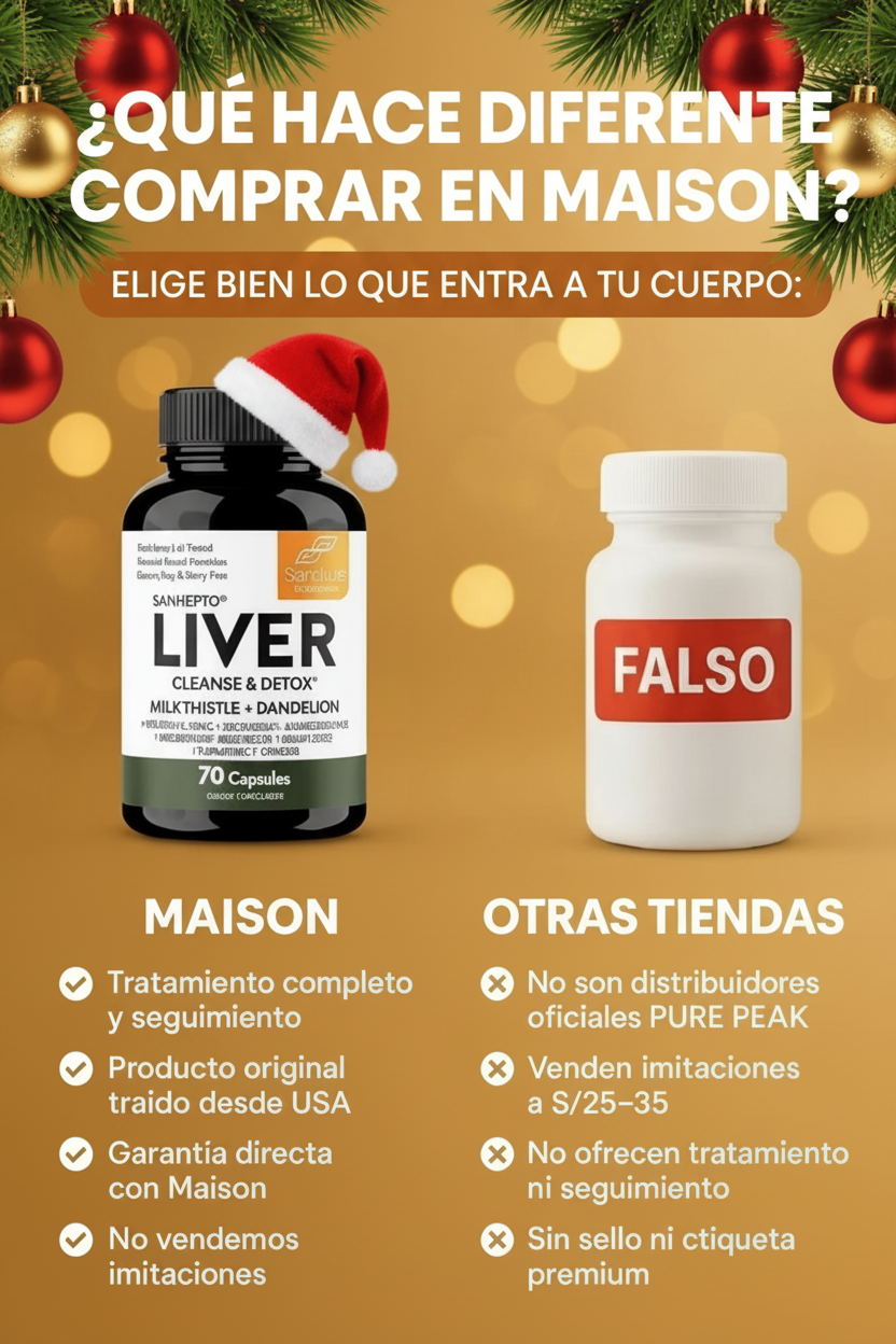 Anuncio de Maison con Liver Cleanse mejorado en calidad y con detalles navide&ntilde;os elegantes.