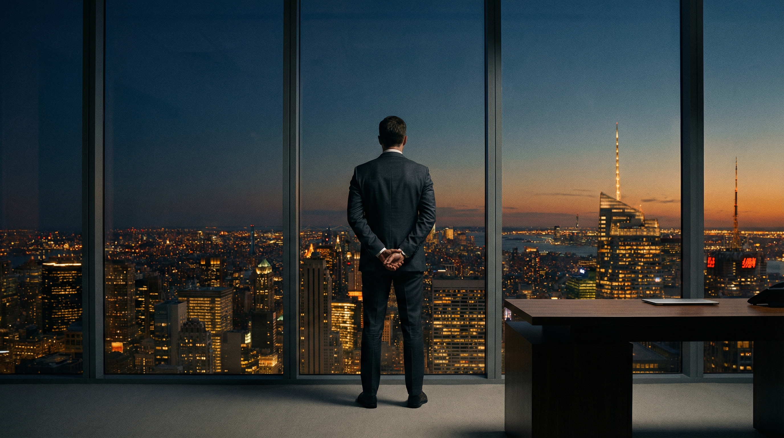 A lone figure in a dark suit stands at floor-to-ceiling windows, overlooking a city skyline at dusk