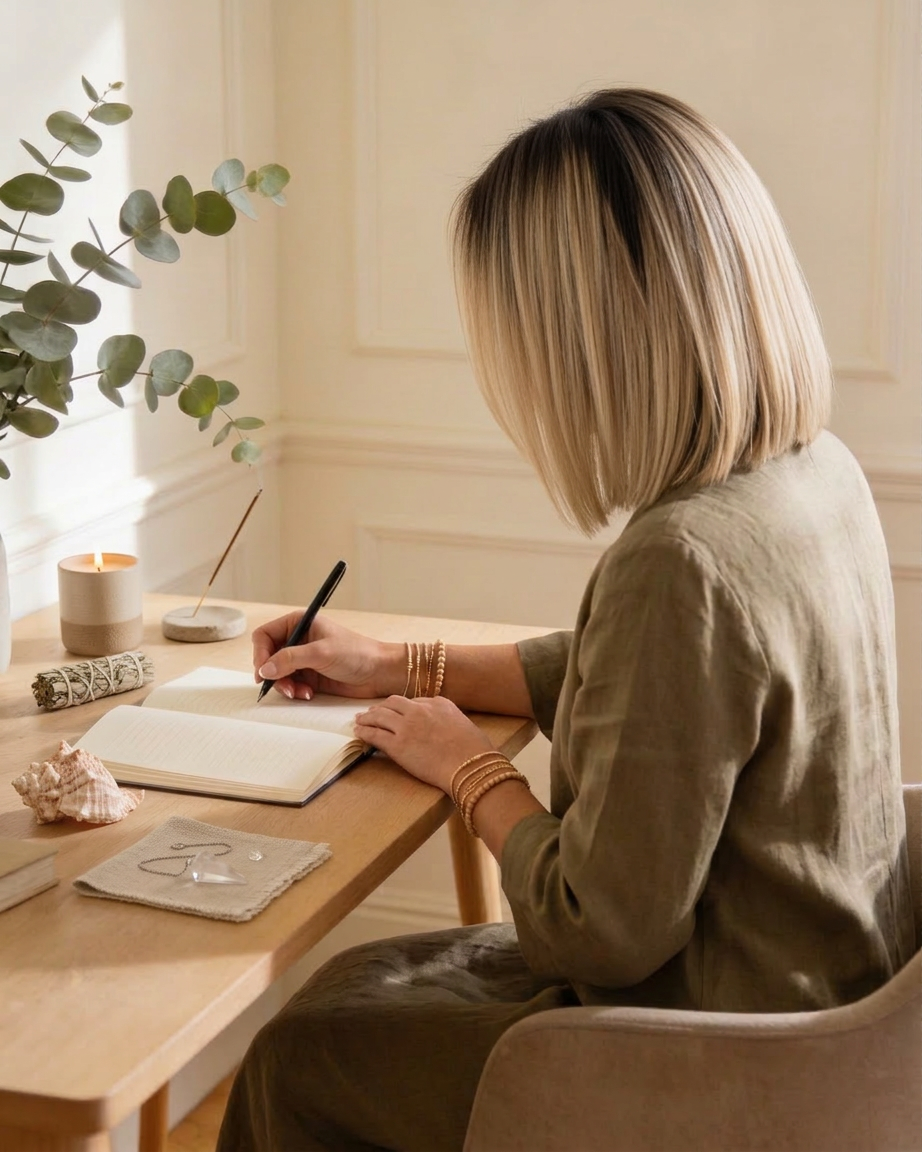 Fanny Thérapeute écrivant dans un cahier à son bureau, dans une ambiance naturelle et apaisante