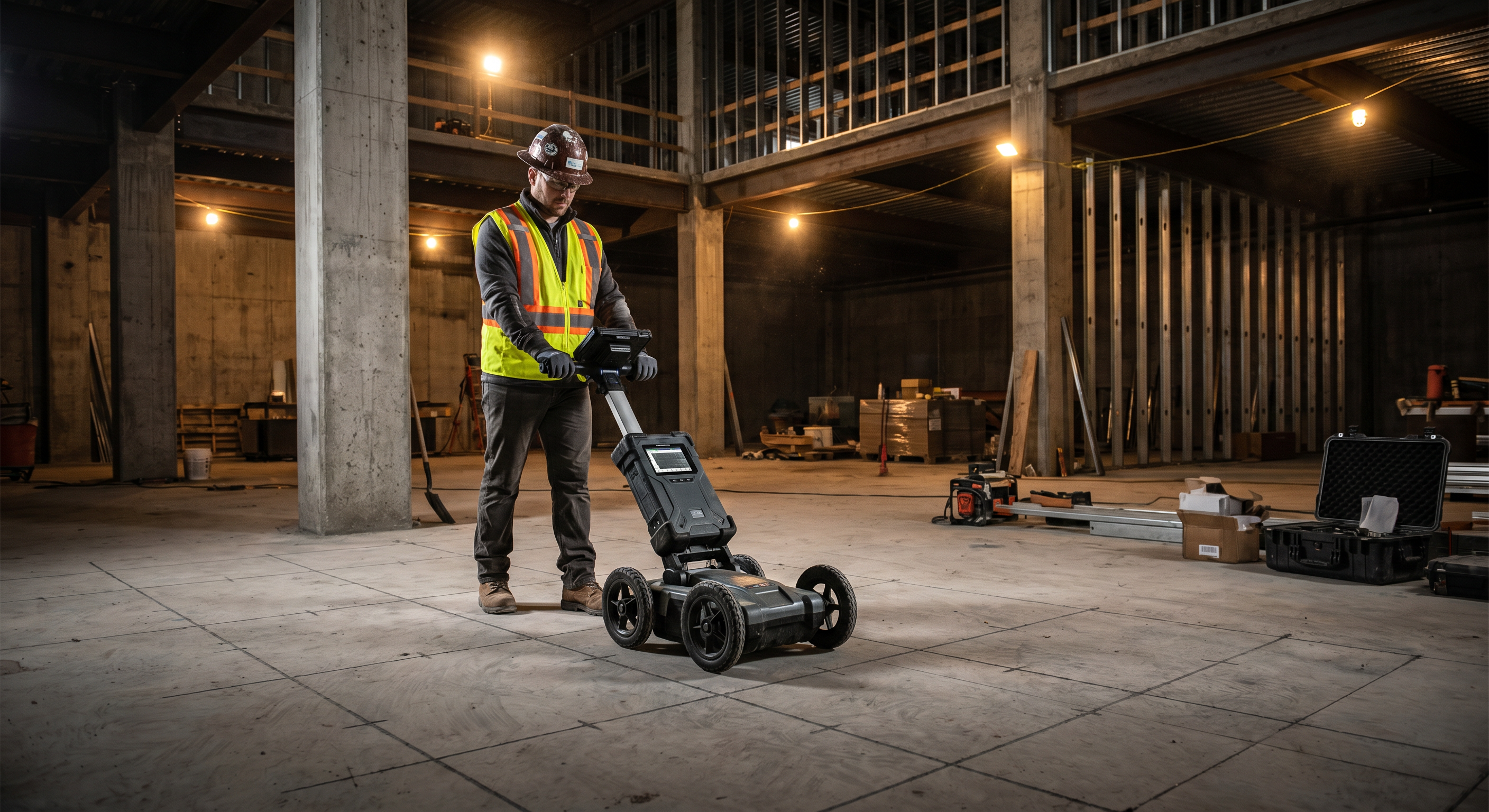 GPR technician performing concrete scanning on a commercial construction site slab