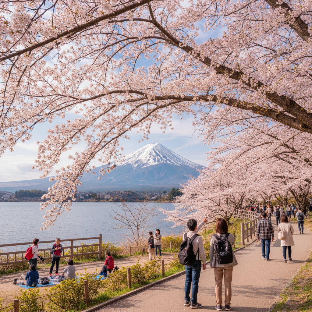 Spring travel destinations - Spring cherry blossoms in Japan with Mount Fuji backdrop