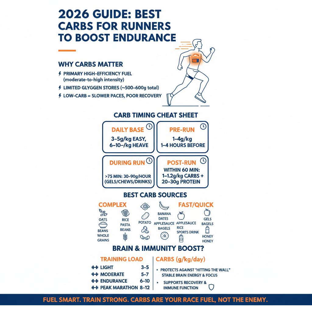 Mobile-friendly infographic on best carbs and fueling strategy for runners in 2026.
