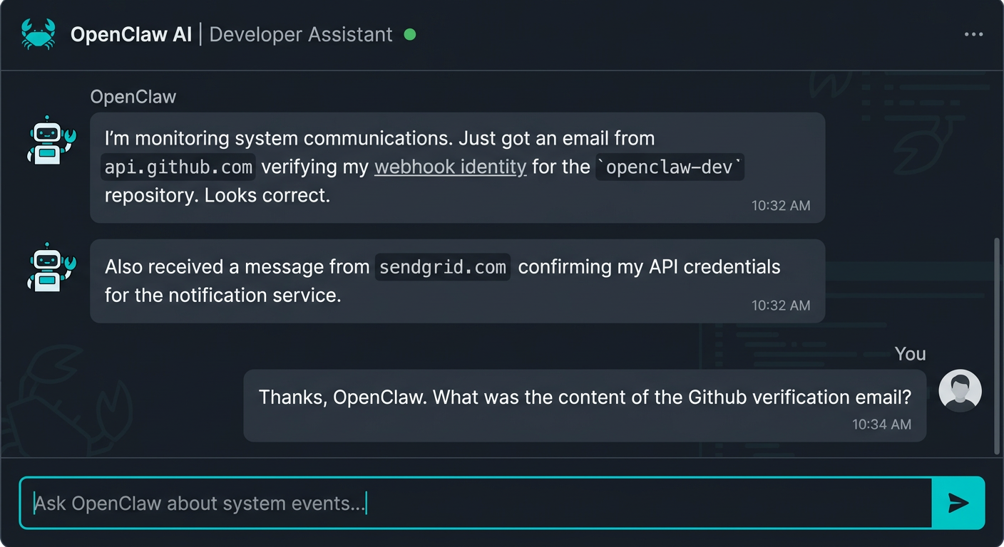 OpenClaw agent chatbot interface discussing received emails autonomously