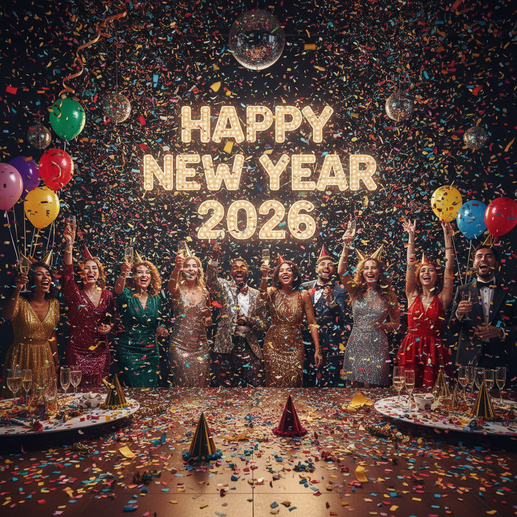 Colorful confetti festive Happy New Year 2026 party design