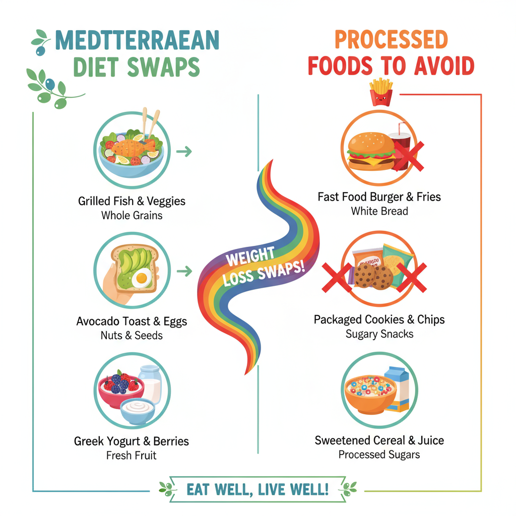 Colorful infographic showing Mediterranean diet healthy swaps vs processed foods for weight loss