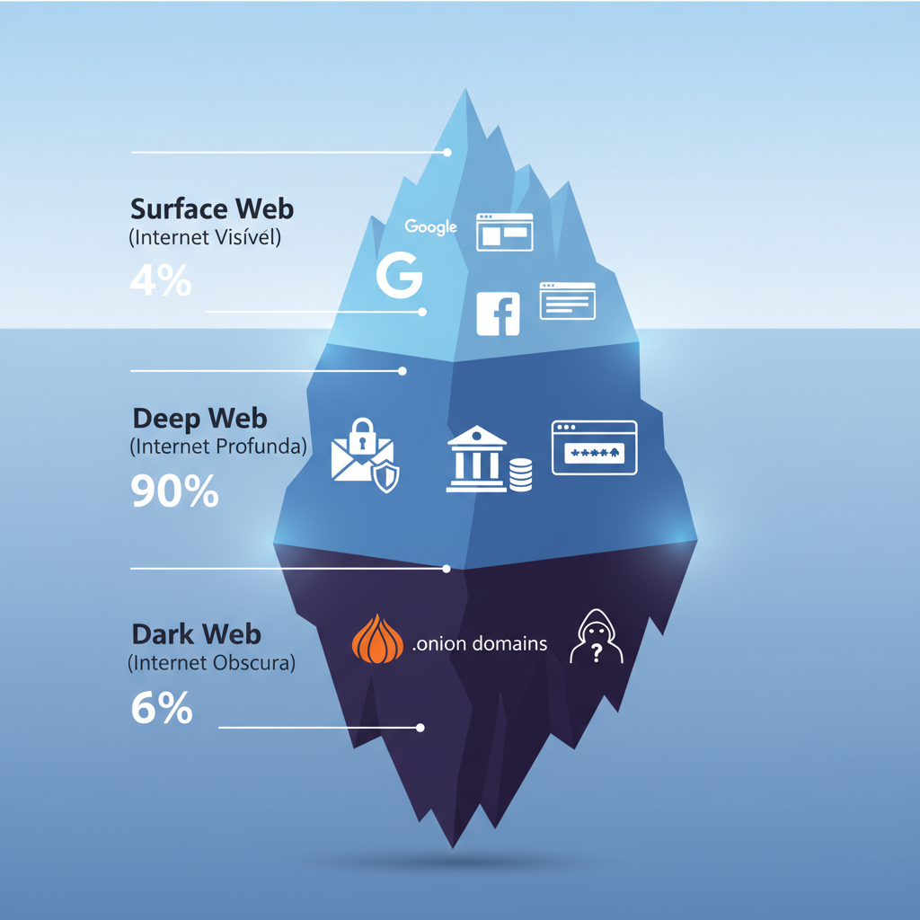 Comparação visual entre Surface Web, Deep Web e Dark Web