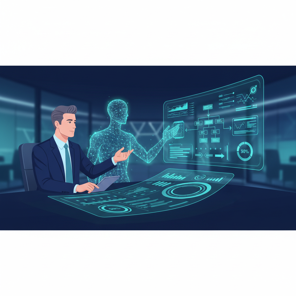 Human operations manager collaborating with AI assistant on a shared digital operations dashboard