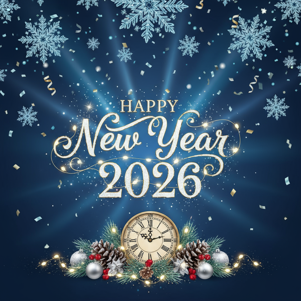 Winter snowflakes festive Happy New Year 2026 celebration