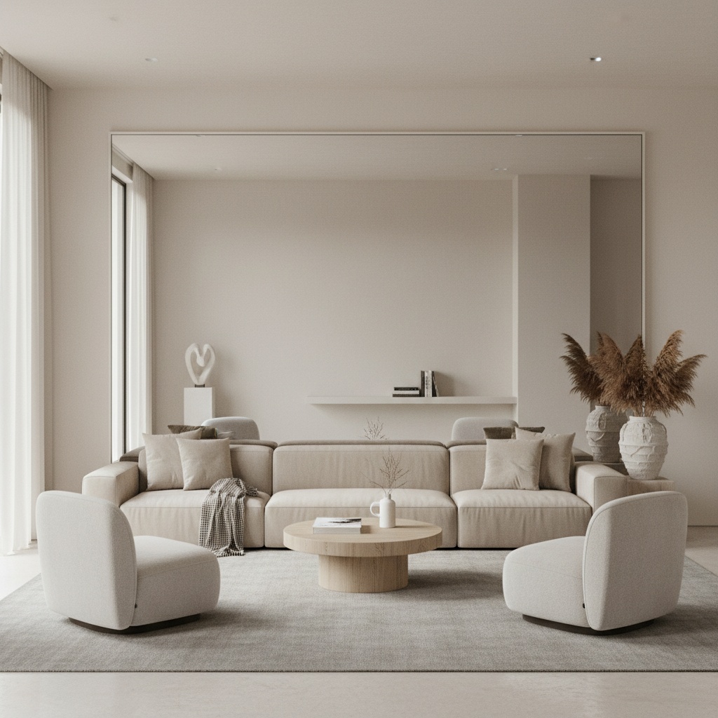 Living moderno con espejo grande detrás del sofá