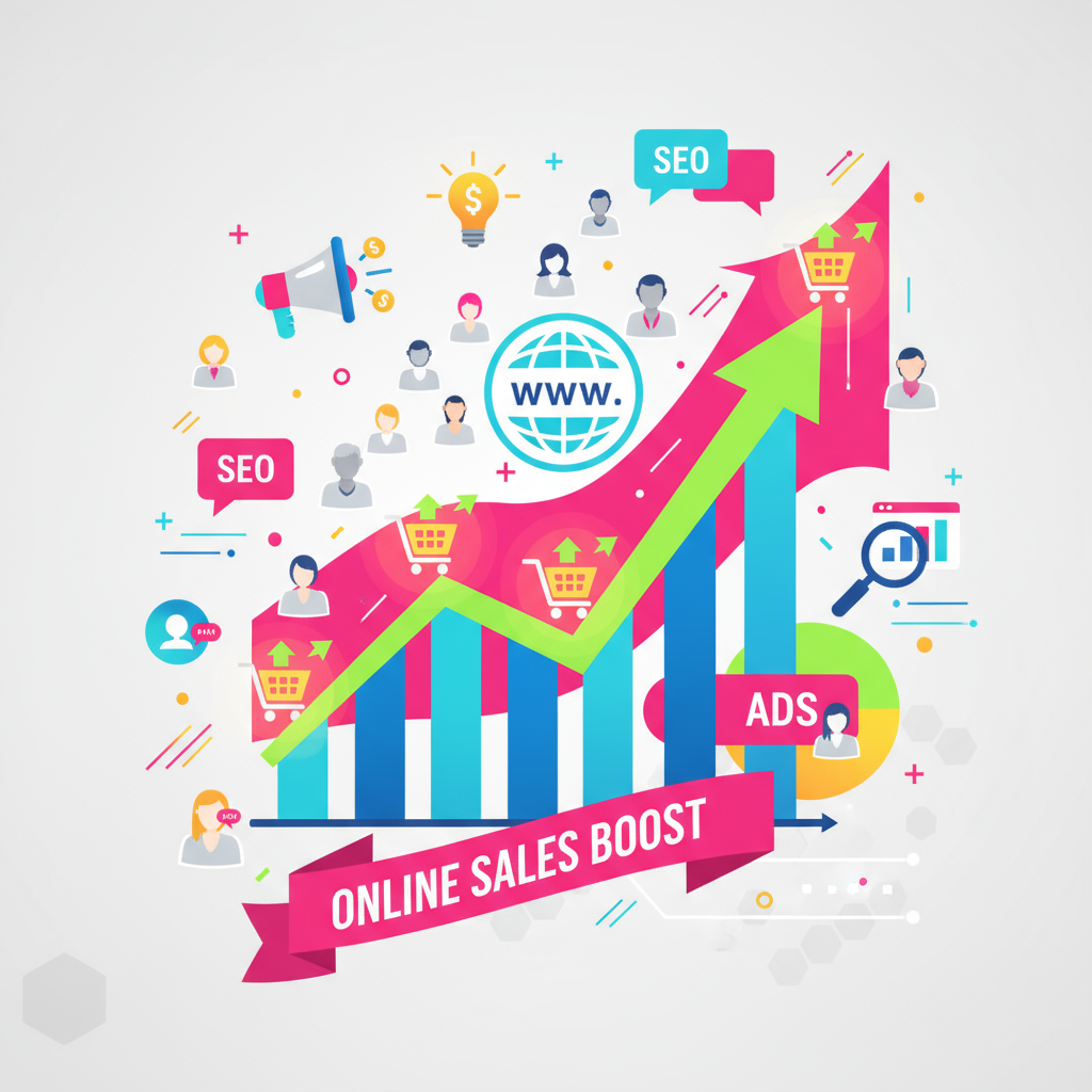 Ecommerce website traffic visual with growth graph and shopping icons