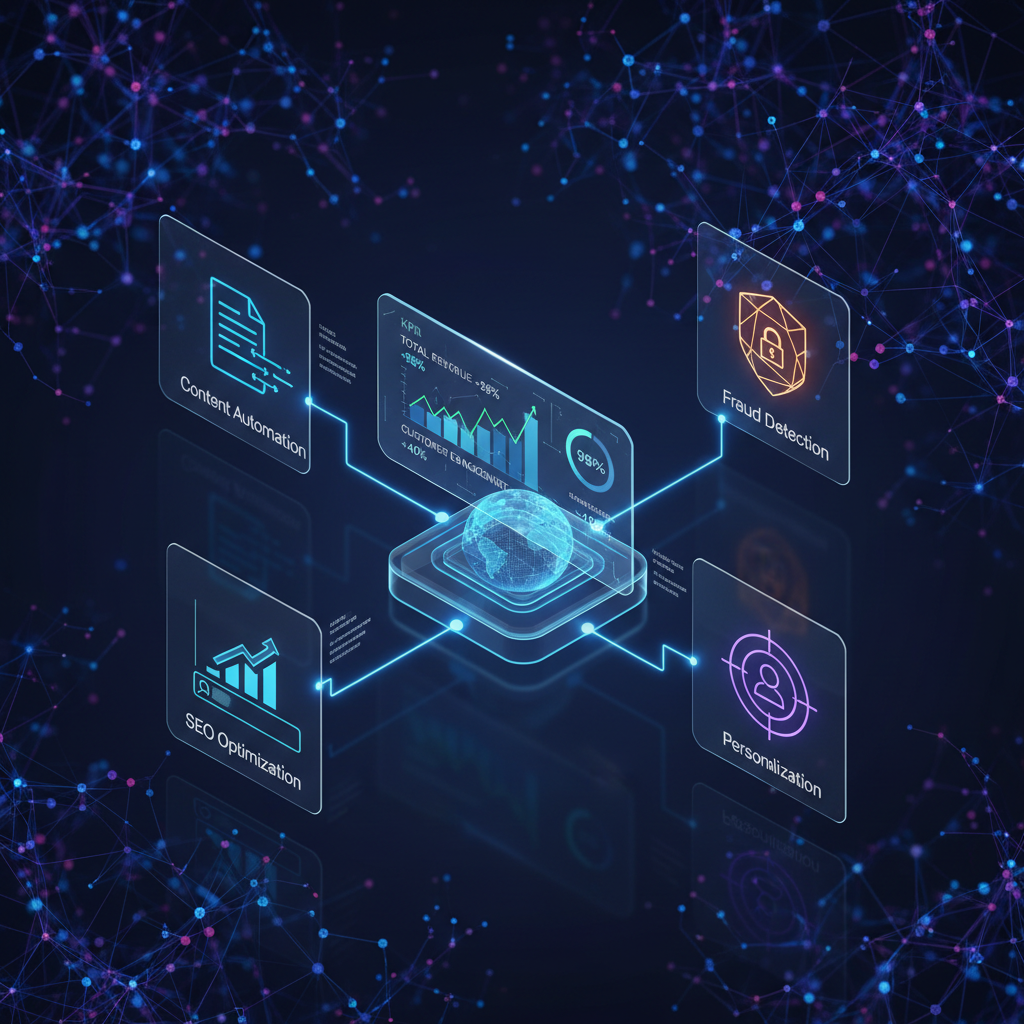 A futuristic, enterprise-grade visualization of an AI/ML ecosystem driving business growth, featuring neural networks, data analytics, and automation modules in a high-tech command center style.