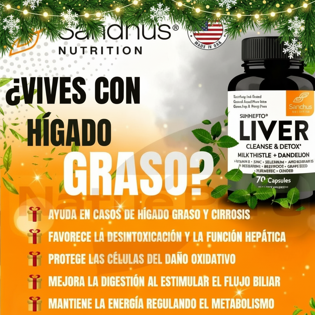 Anuncio de h&iacute;gado graso con Liver Cleanse en estilo navide&ntilde;o.
