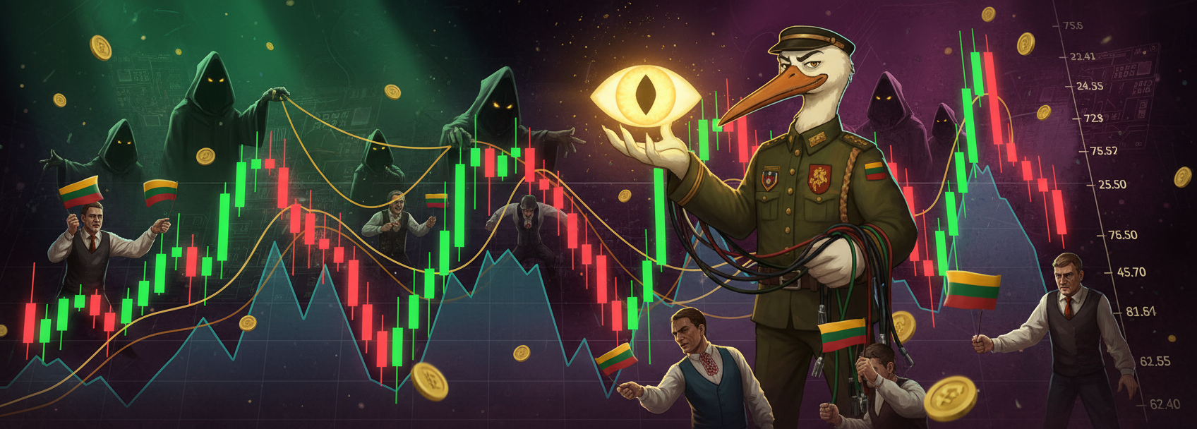 Ultra clickbait illustration of Lithuanian elites and Illuminati manipulating the market.