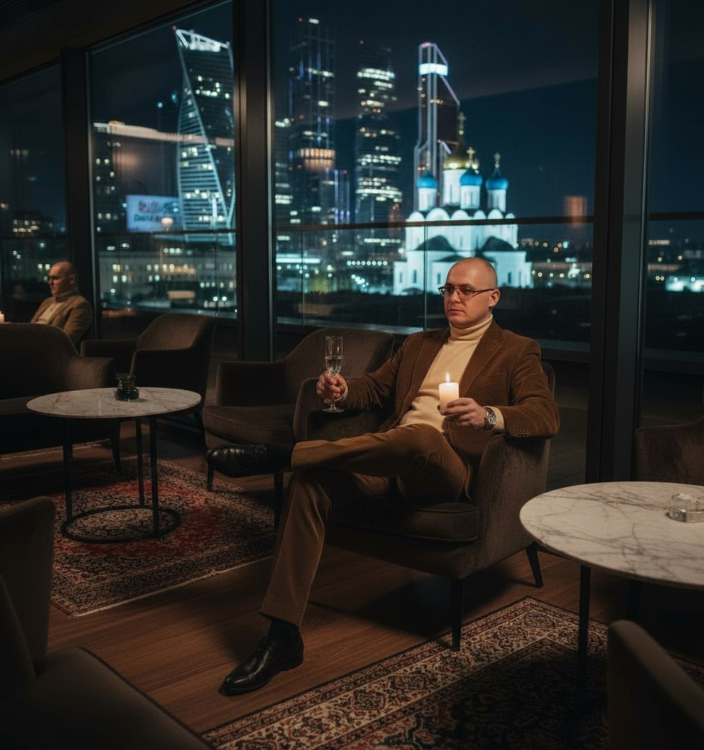 Мужчина в винтажной одежде в кофейне, держит необычную свечу-гибрид.