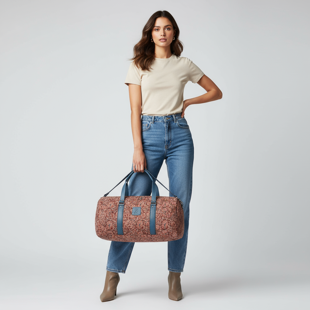 Alternate model holding the paisley-duffle bag in a confident pose for fashion catalog.
