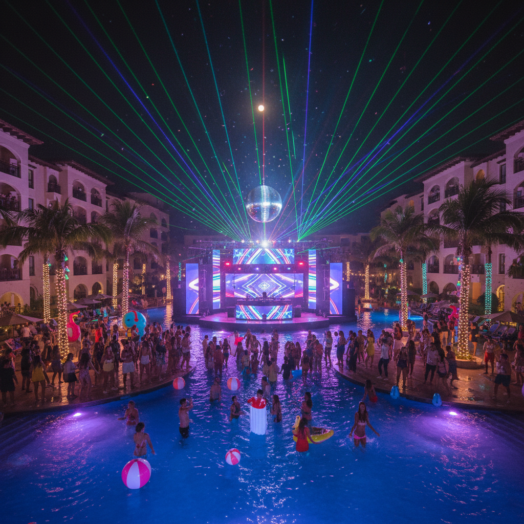 Massive nighttime themed pool party at Punta Cana adults-only resort with LED lights and DJ