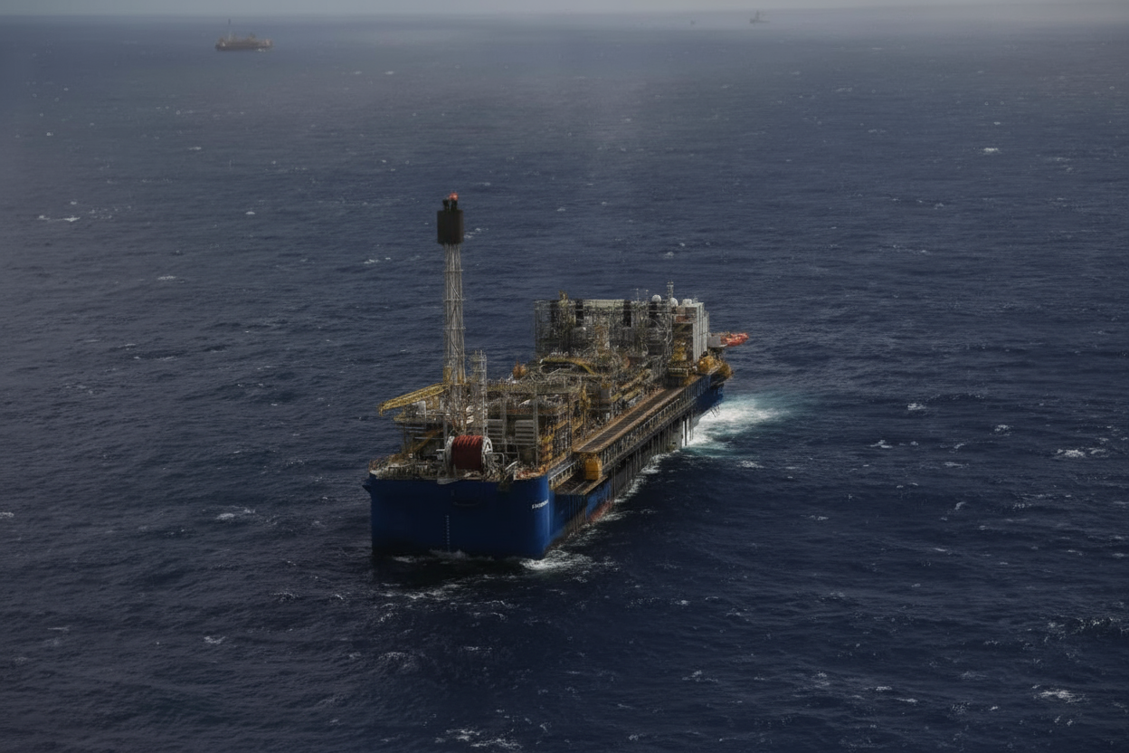 Plataforma offshore ultra realista estilizada nas cores da QLP (azul escuro, laranja, branco), mar e céu também na paleta.