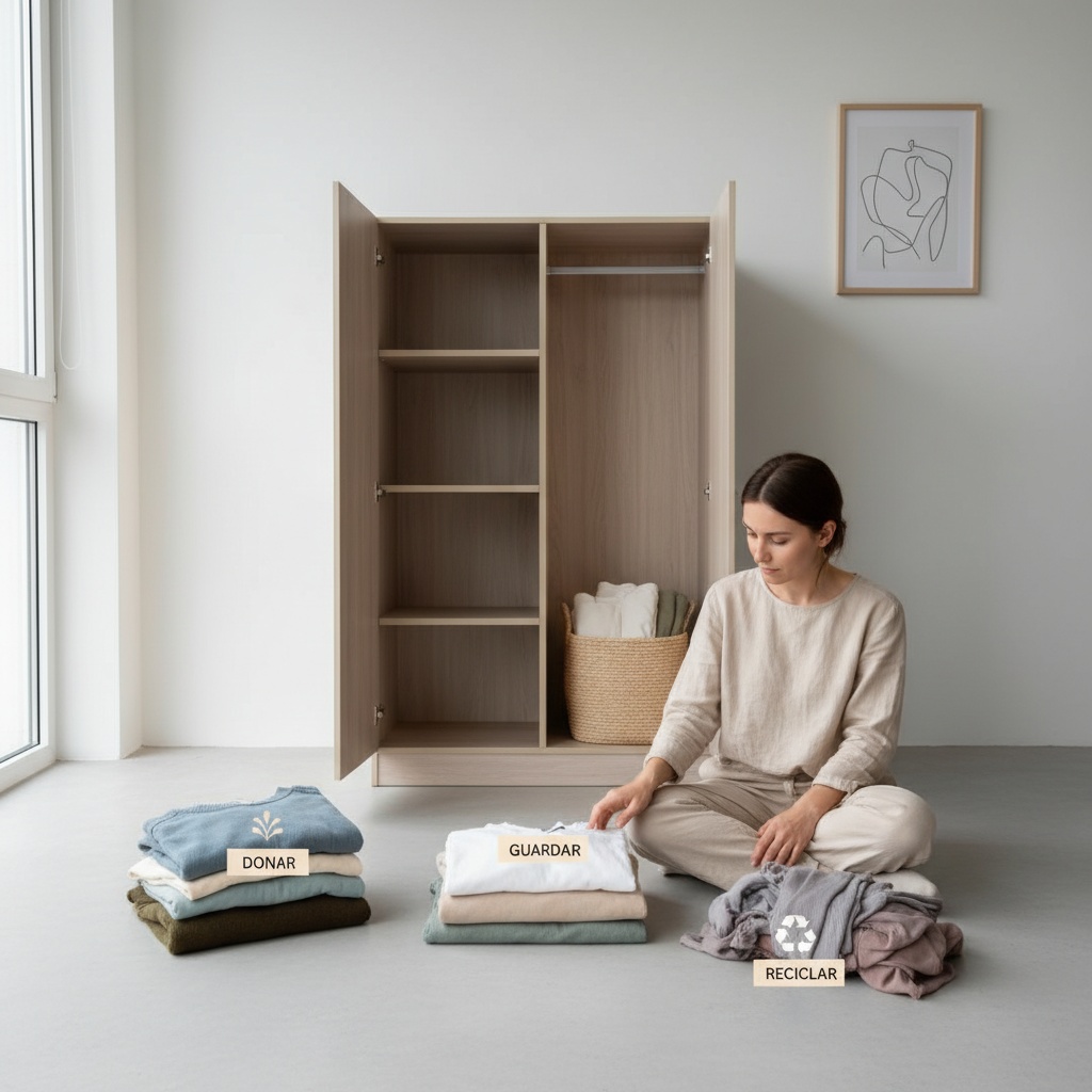 Persona separando ropa frente al clóset en estilo minimalista
