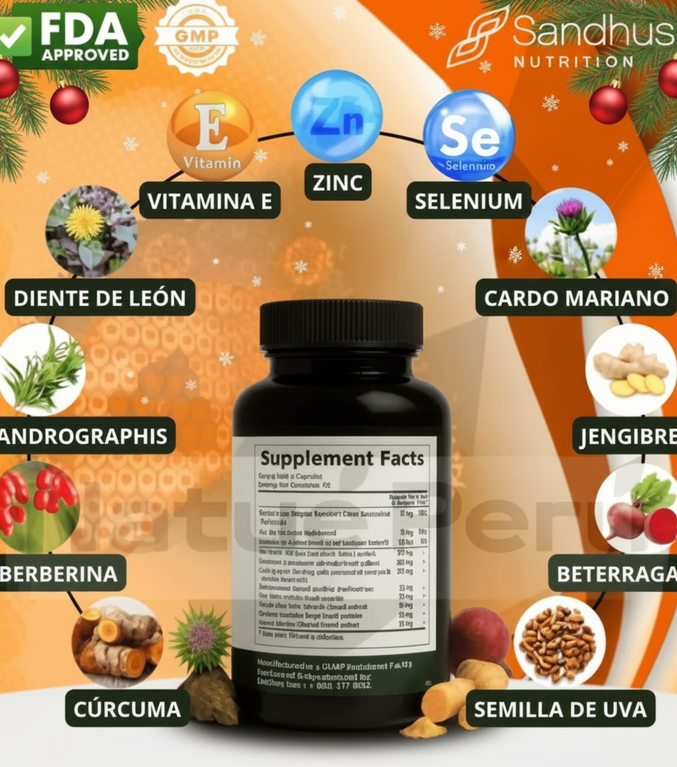 Creativo de ingredientes Sandhus Liver mejorado en calidad con detalles navide&ntilde;os discretos.