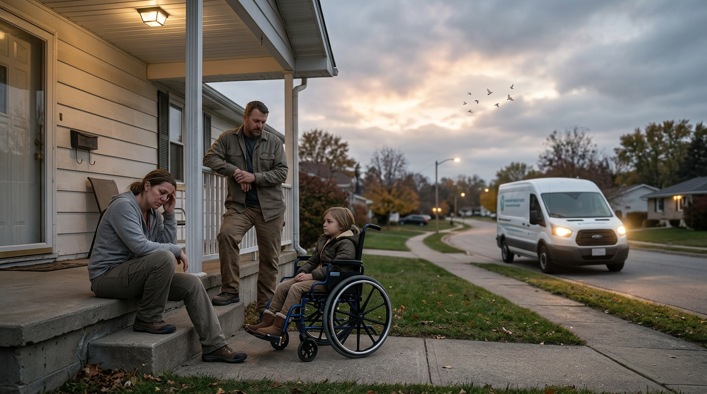 A struggling family receiving hope under a sky with doves, angels, and a Heaven-Sent heart-in-hands symbol