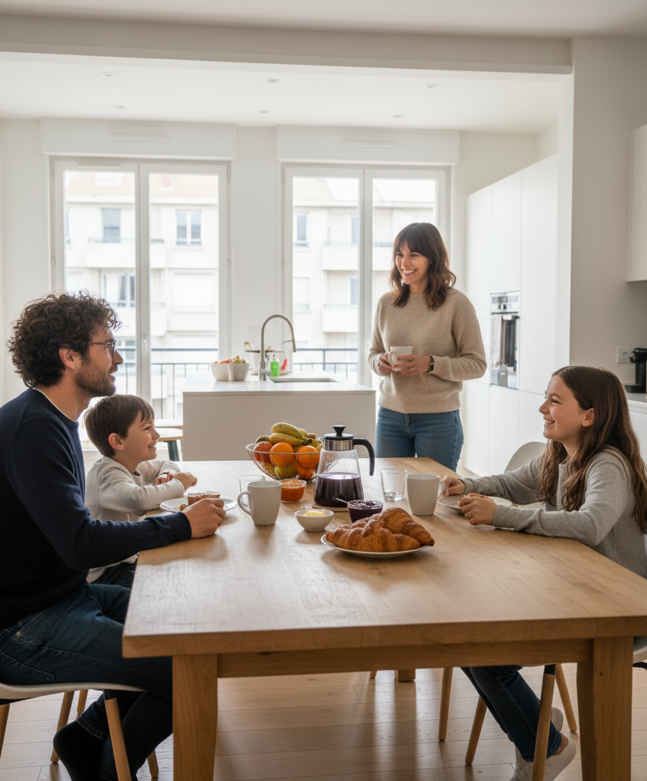 Julien, Laura, and their children enjoying a rare family breakfast together at home in Le Havre.