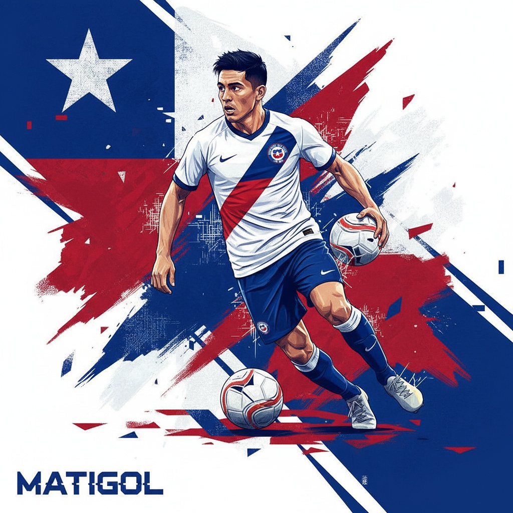 Imagen artística digital de Matías Fernández con balón y fondo de la bandera chilena