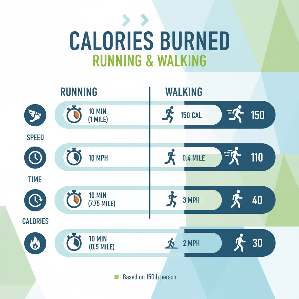 Infographic showing calories burned running vs walking at different speeds.