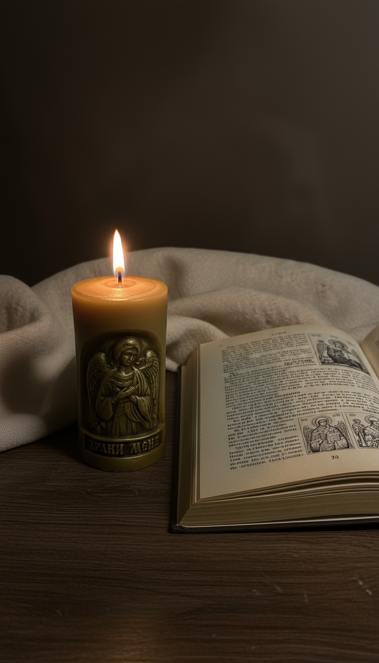 Свеча рядом с православной книгой в реалистичном стиле