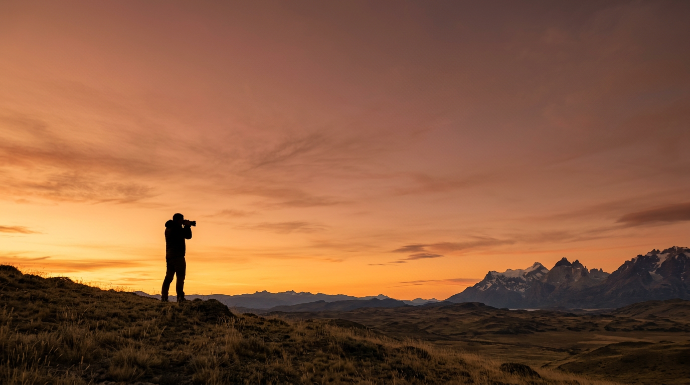 Fotógrafo en la Patagonia chilena al atardecer