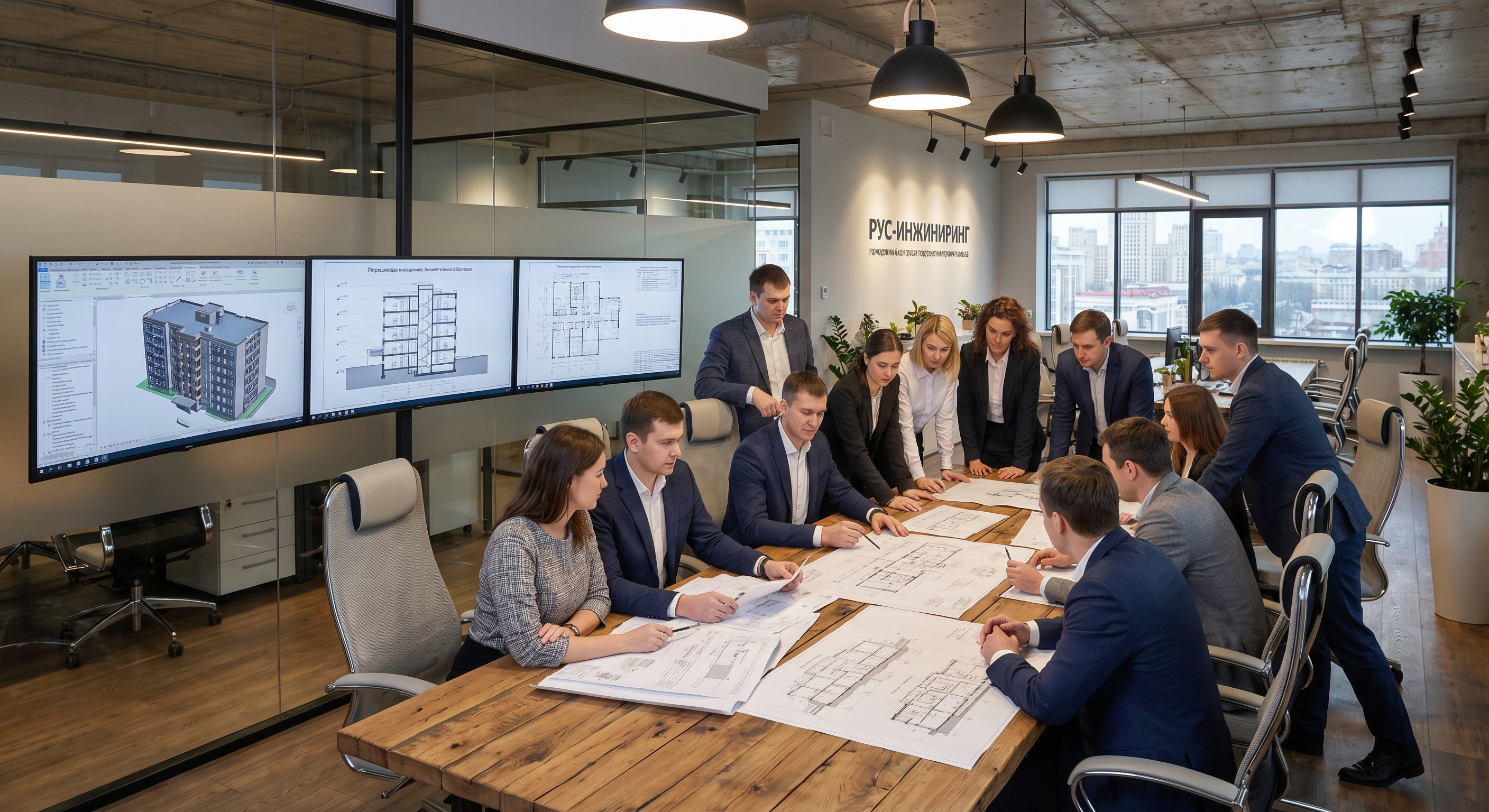 Команда инженеров-проектировщиков в офисе проектной компании