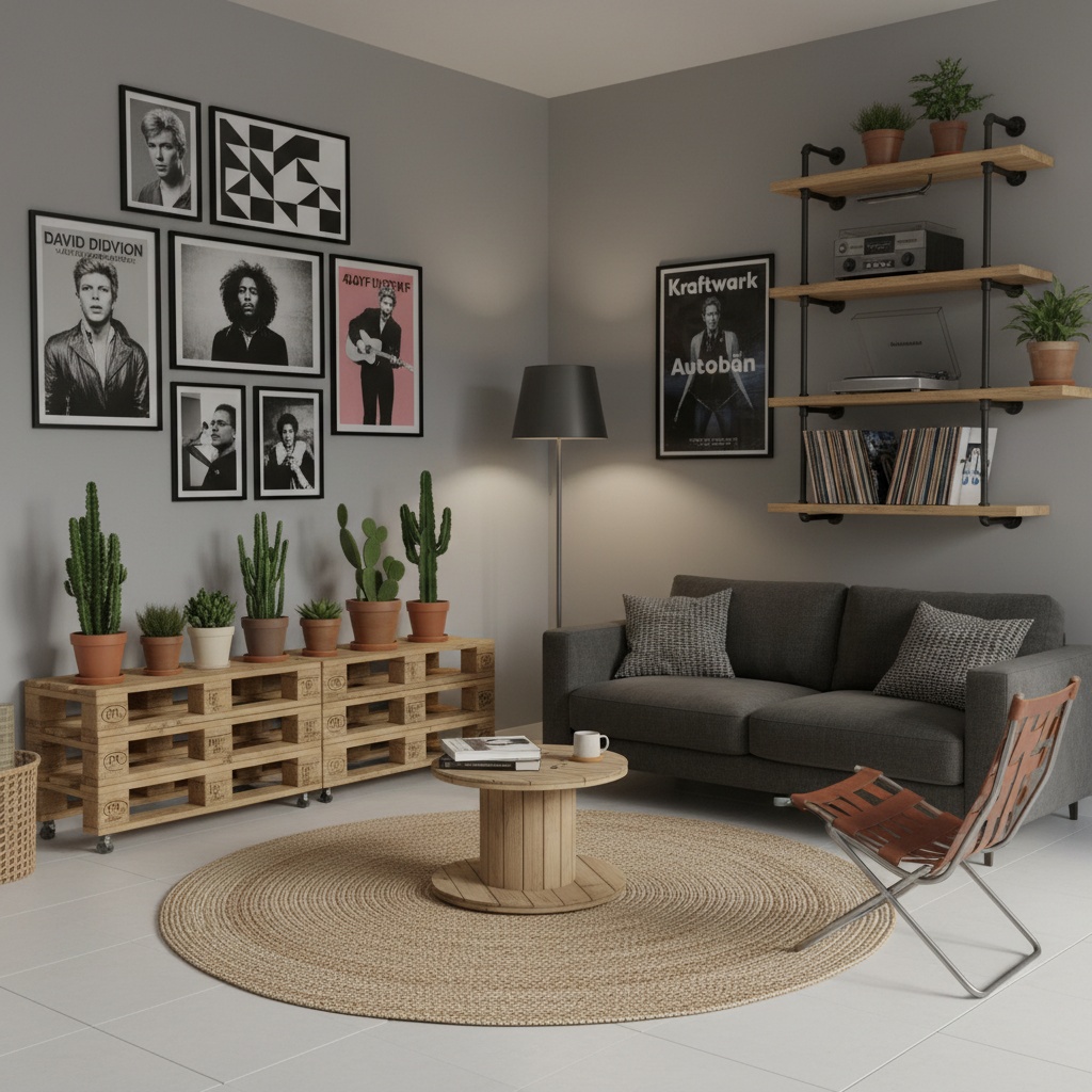 Espacio masculino moderno con cactus, fotos y muebles reciclados