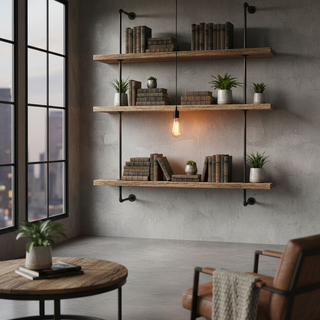 Estantería flotante industrial con decoración moderna y cálida.