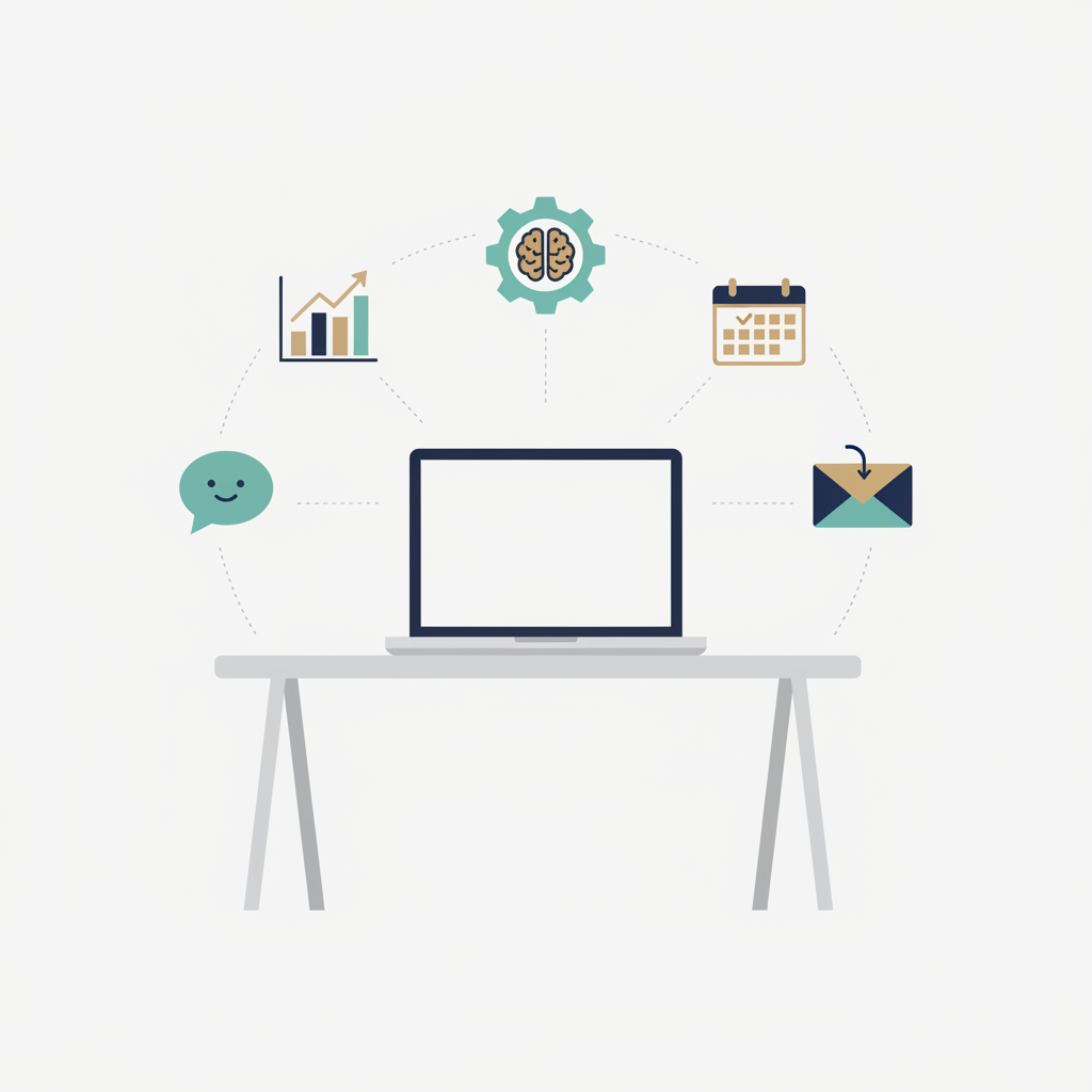 Illustration showing AI automation use cases for small business operations including chatbots, analytics, scheduling, and email