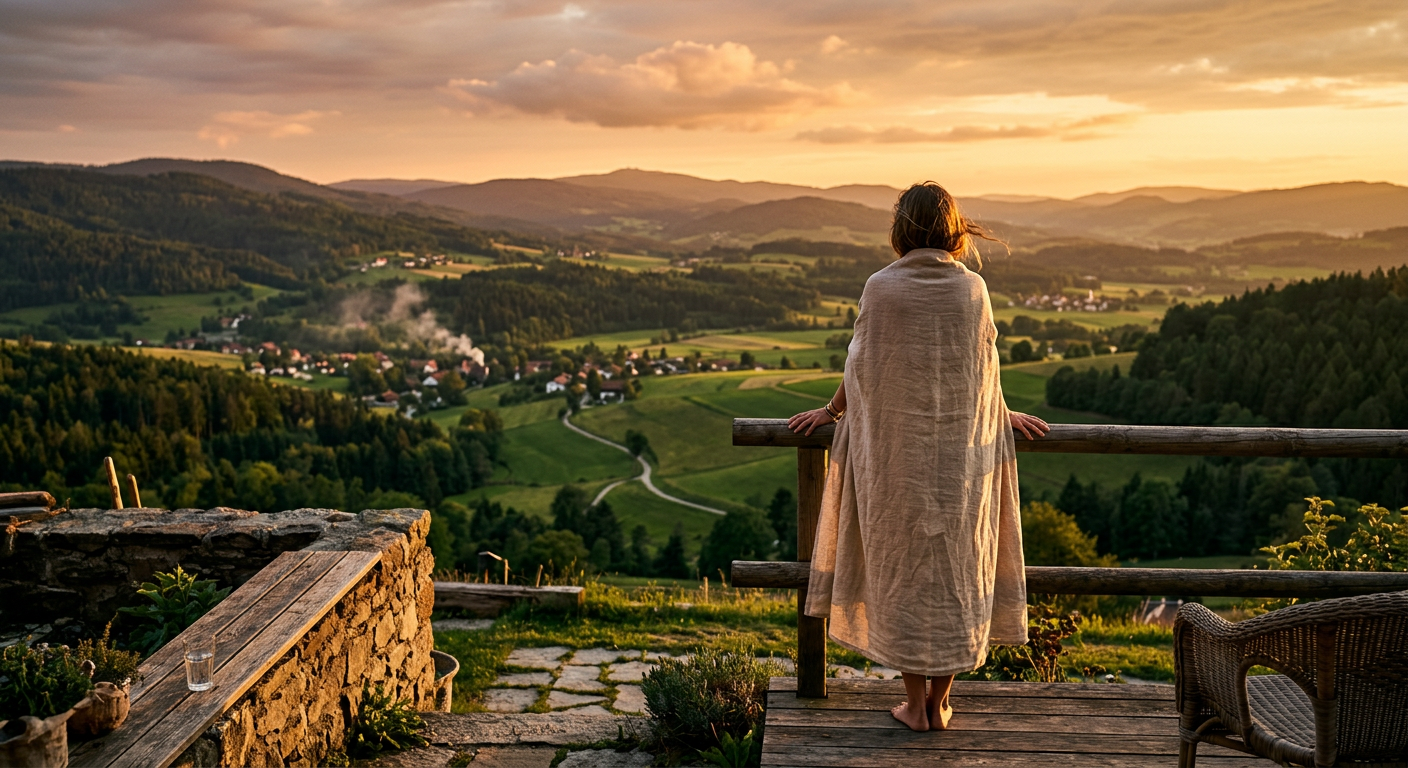 Guest gazing over a golden Bavarian mountain valley at dusk, wrapped in a linen throw