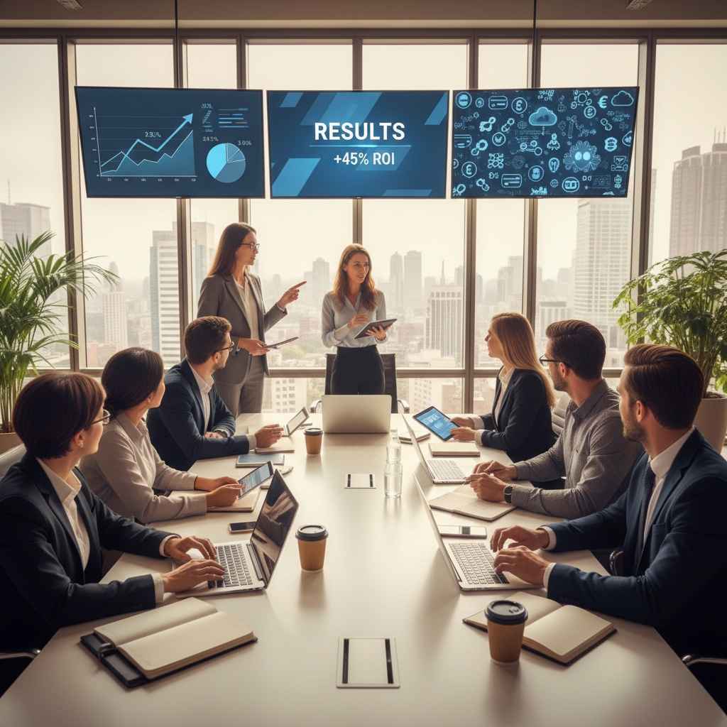 A finance-focused digital marketing team collaborating in a modern office.