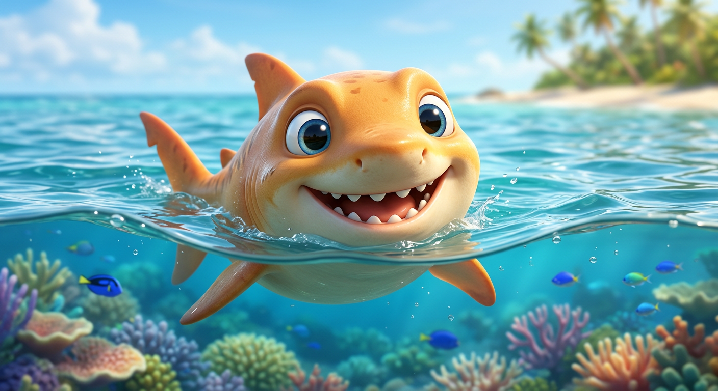 Leo — friendly juvenile lemon shark with warm orange-yellow coloring and big expressive eyes