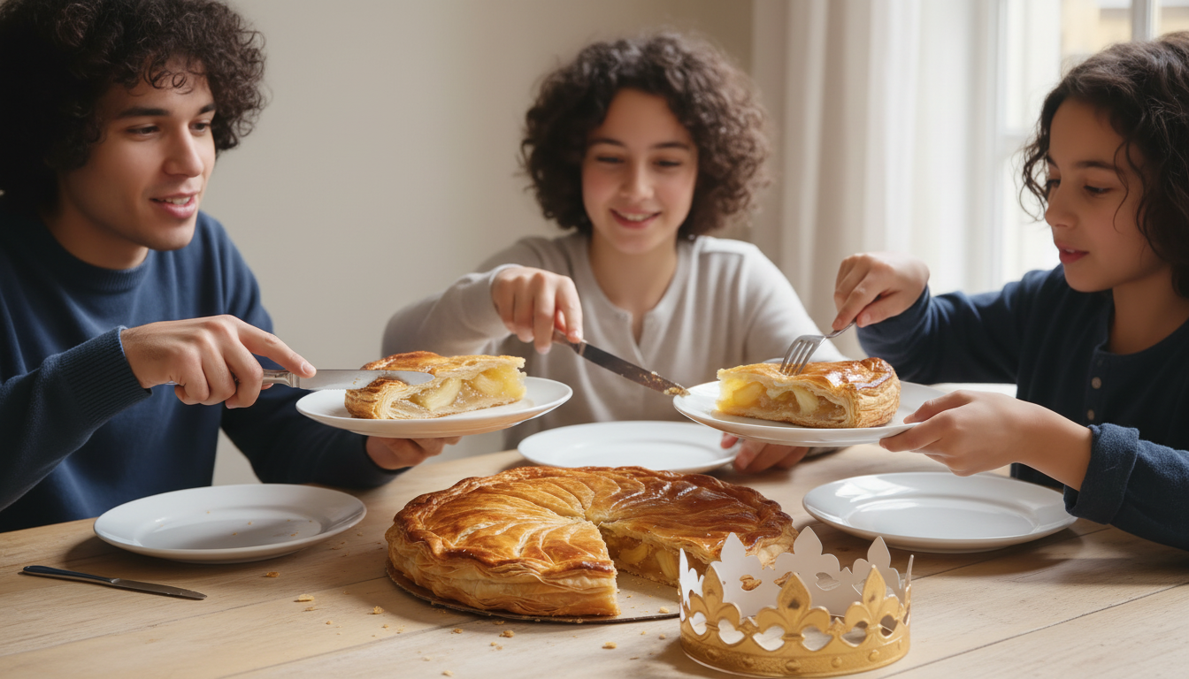 Des personnes réunies autour d’une table partagent une galette des rois, chacun tenant une assiette, avec la couronne en carton posée devant le gâteau.
